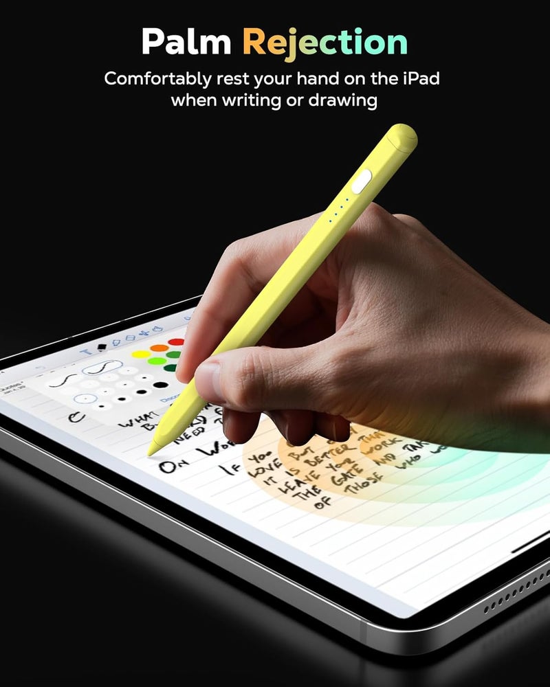 MoKo Pencil for iPad (A16) 11th 10th Gen, Stylus Pen for 2018-2025 Apple iPad 11/10/9/8/7/6/A16, Mini 7/6/5, Air M3/M2 11"/13"/5/4/3, Pro M4 13"/12.9"/11" Tilt Sensitivity, USB-C Fast Charging, Yellow - Image 4